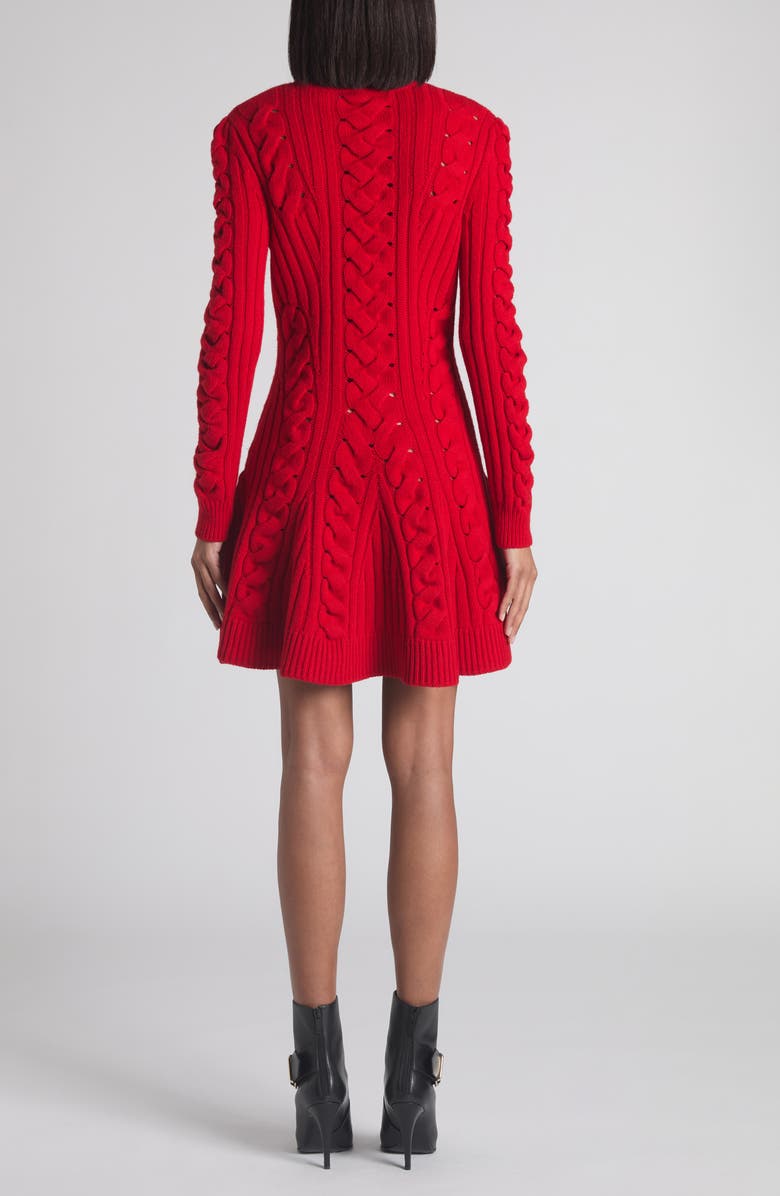 McQueen Long Sleeve Cable Knit Wool & Cashmere Mini Sweater Dress, Alternate, color, Poppy Red