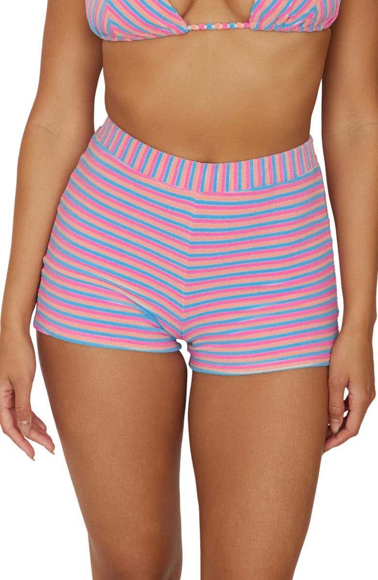 PQ SWIM Ella Stripe Terry Cover-Up Shorts, Main, color, Sherbert