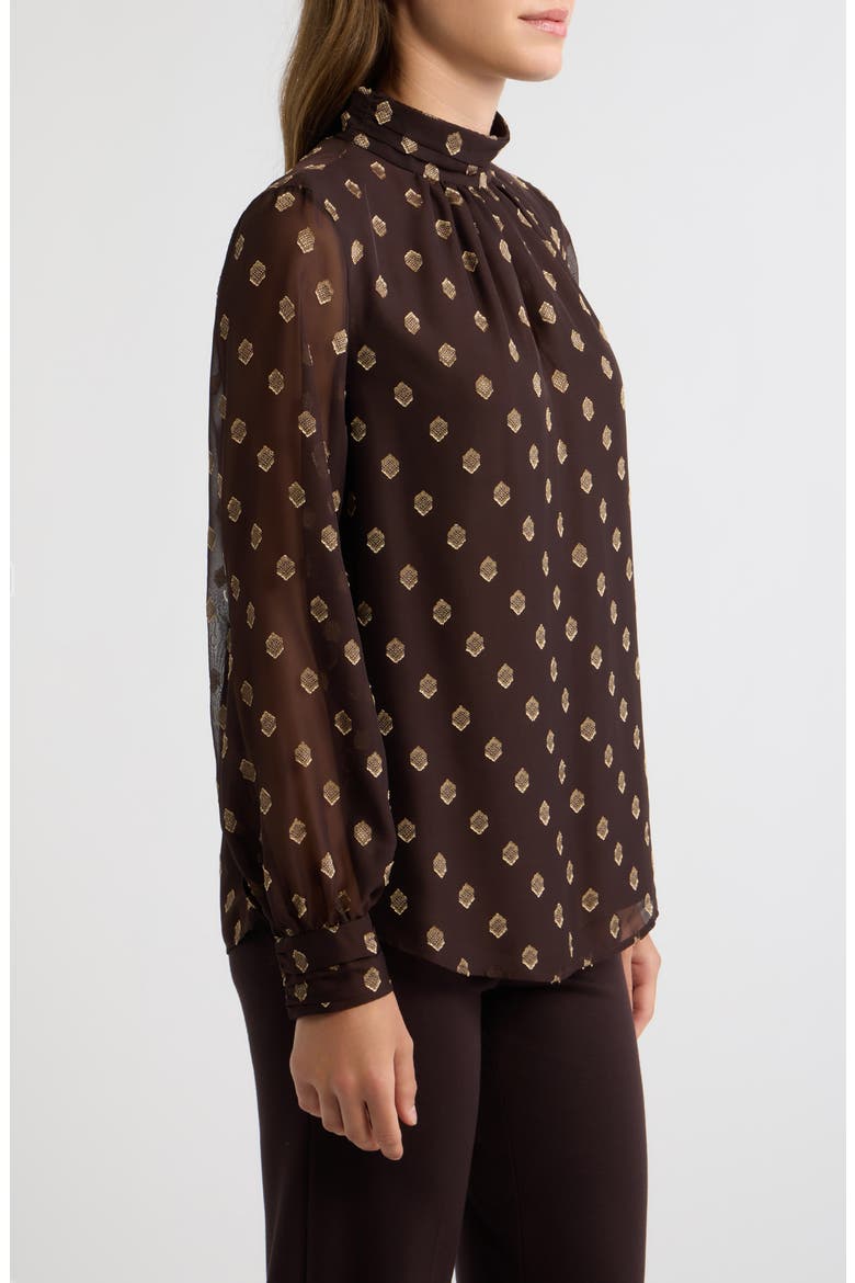Metallic Shirred Mock Neck Keyhole Top, Alternate, color, DEEP MAHOGANY / GOLD