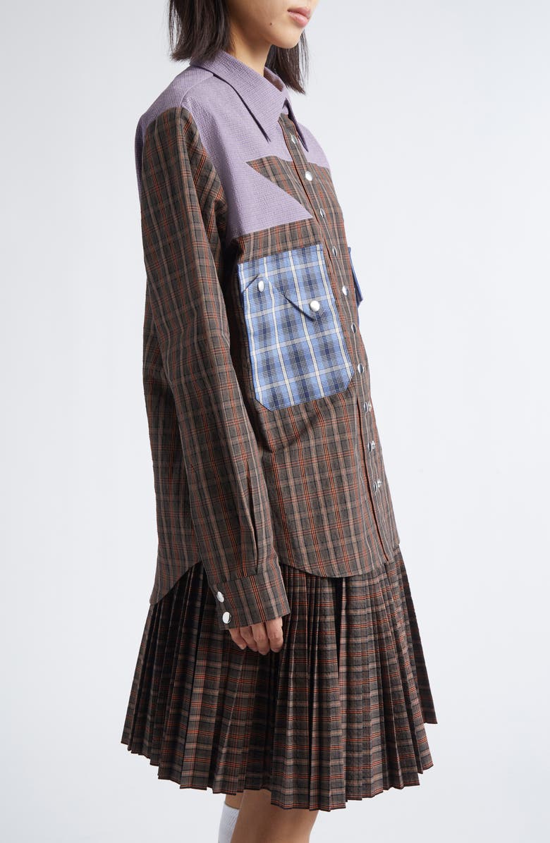 Chopova Lowena Vega Mixed Media Snap-Up Shirt, Alternate, color, Tartan Multi