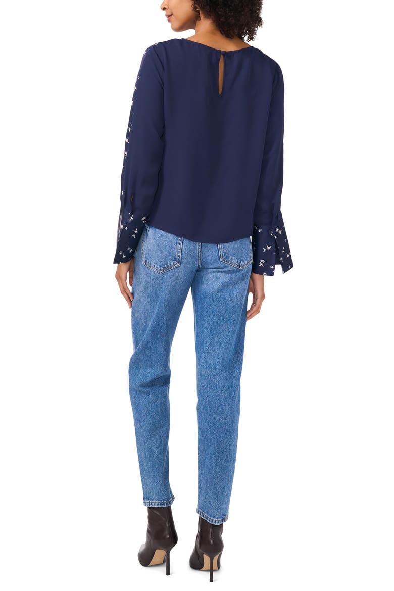 Floral Accent Flare Cuff Top, Alternate, color, CLASSIC NAVY