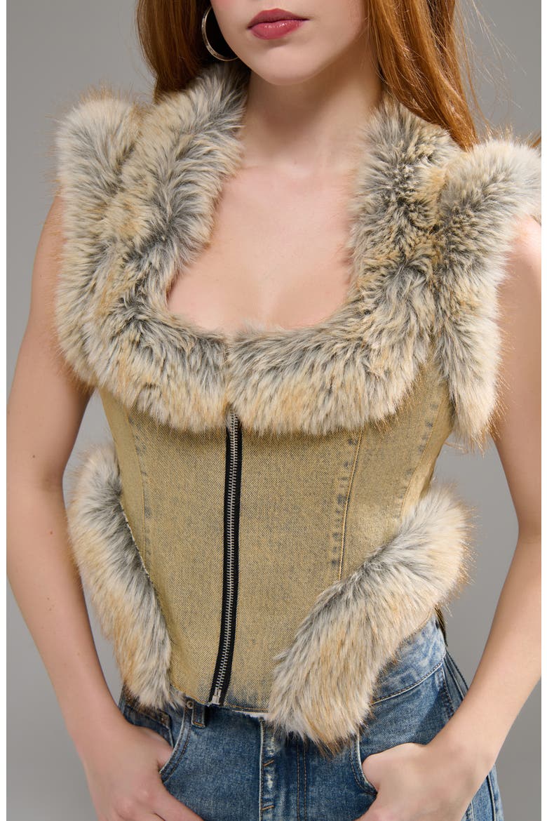 Zoraya Denim Vest with Faux Fur Trim, Alternate, color, DENIM