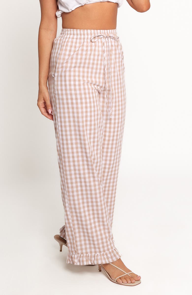 Petal & Pup Marina Gingham Ruffle Hem Cotton Pants, Alternate, color, Beige Gingham