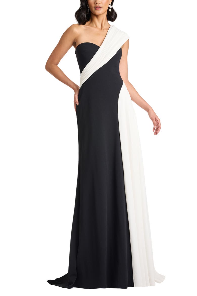 One-Shoulder Colorblock Gown, Alternate, color, BLACK/ IVORY