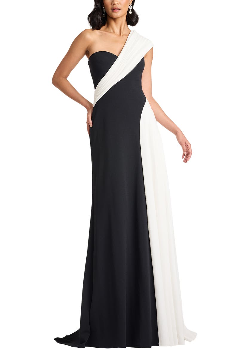 Tadashi Shoji One-Shoulder Colorblock Gown, Alternate, color, Black/ Ivory