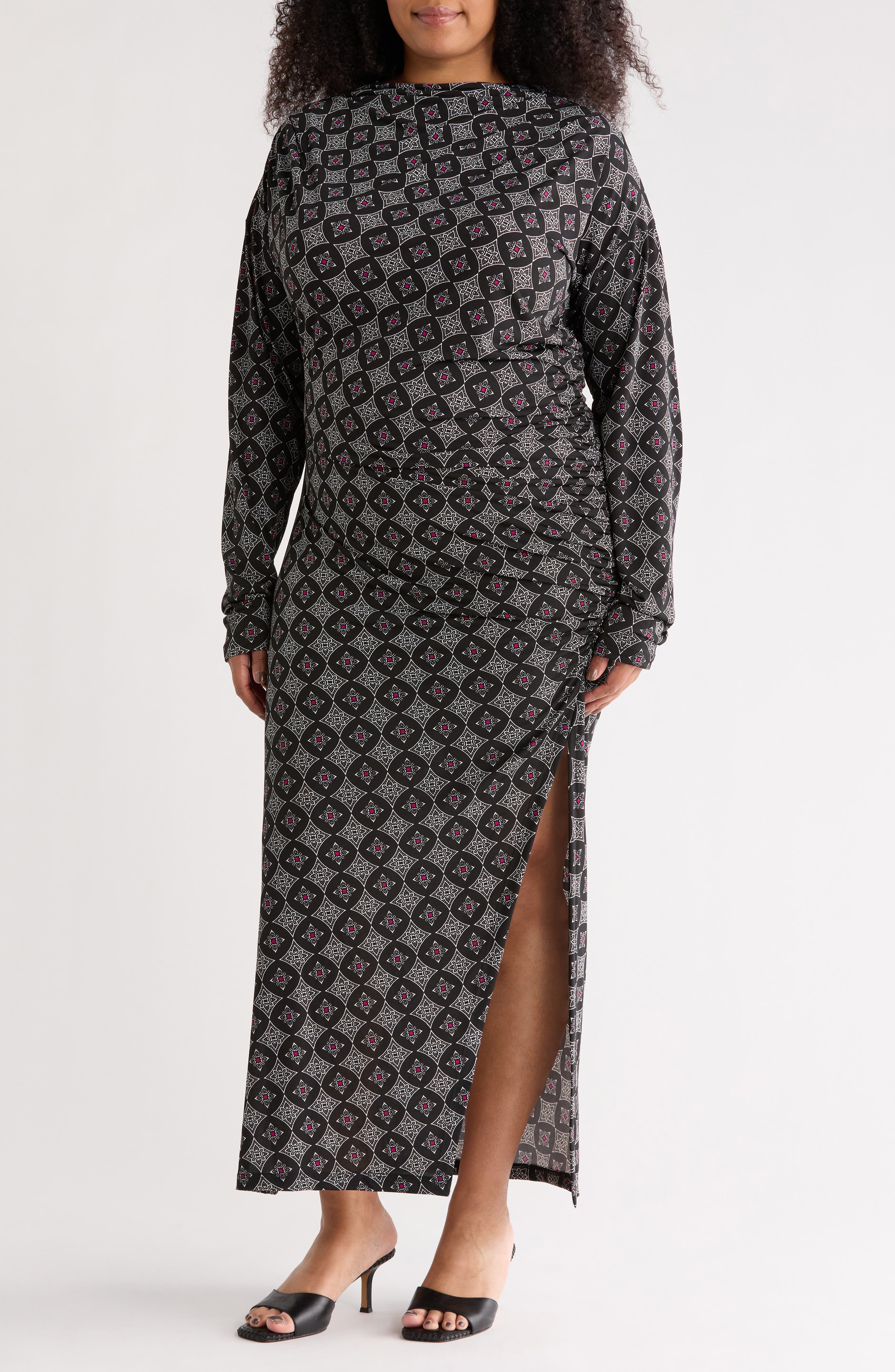 Renee C Long Sleeve Geo Ruched Midi Dress