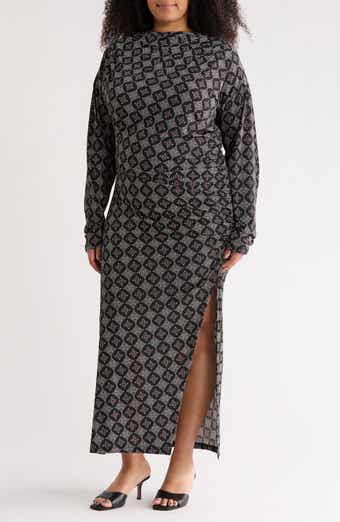 Long Sleeve Geo Ruched Midi Dress