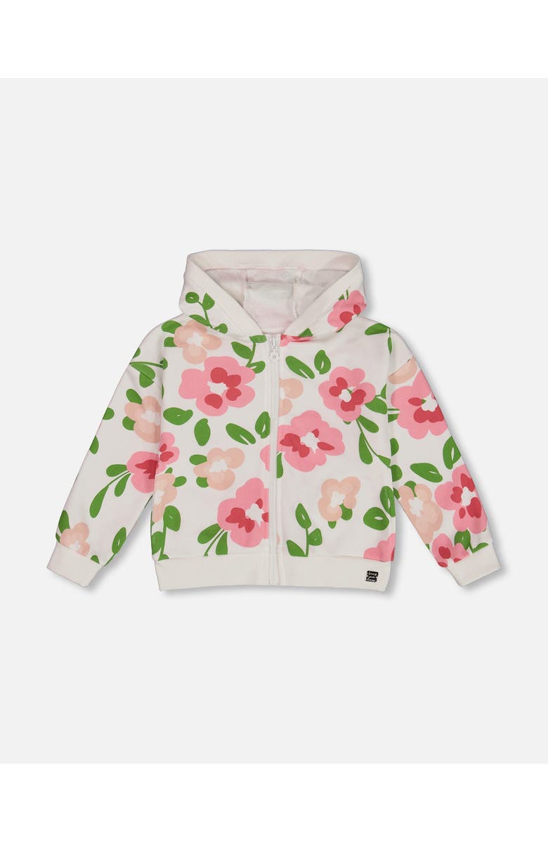 Deux par Deux Girl's Printed French Terry Hoodie Cardigan Pink Flowers On White Background, Main, color, Pink Flowers On White