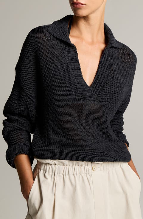 Coated Cotton Blend Polo Sweater