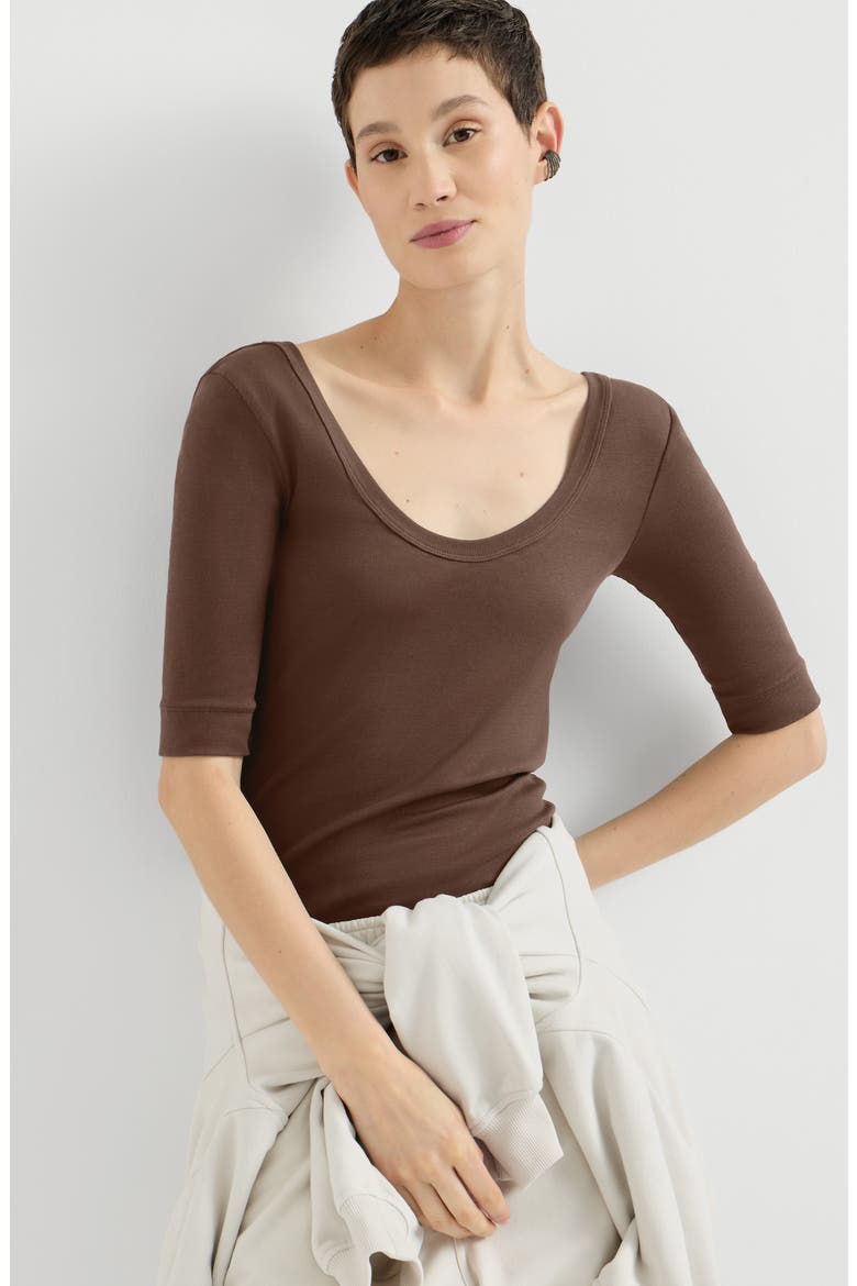 Stretch cotton ribbed jersey T-shirt with monili, Alternate, color, Pine Cone Brown
