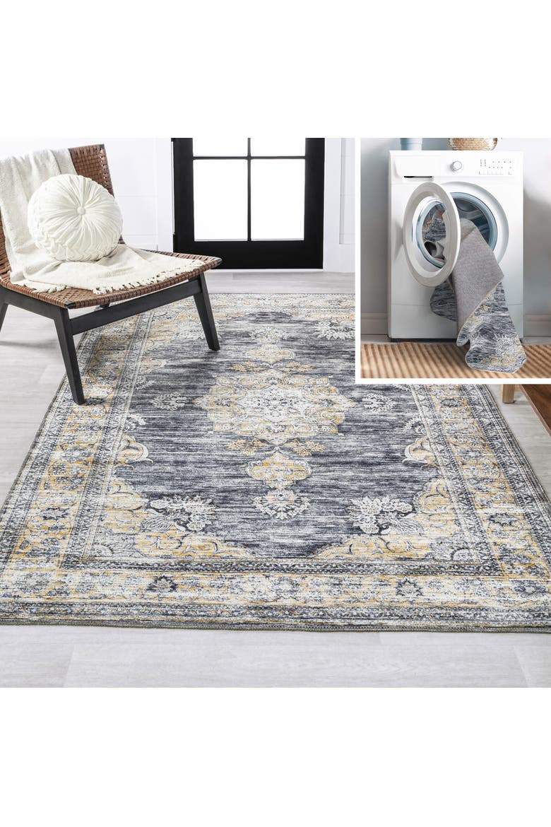 Bausch Bohemian Distressed Chenille Machine-Washable Area Rug, Main, color, Dark Gray/Yellow