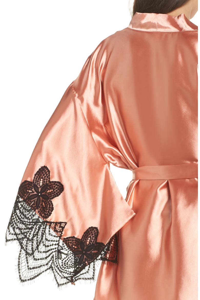 Drama Lace Trim Satin Robe, Alternate, color, CAMEO BROWN/ BLACK