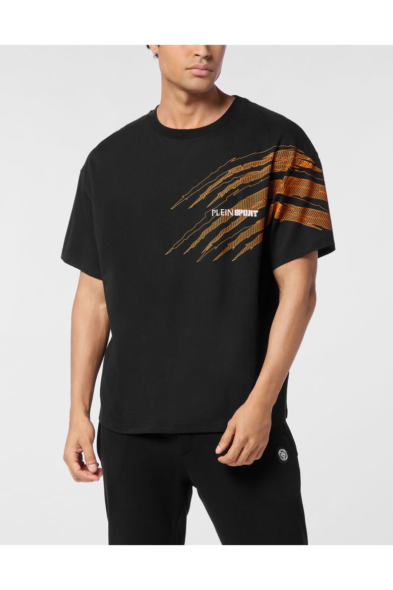 T-Shirt Round Neck Ss Scratch Men, Main, color, black/orange