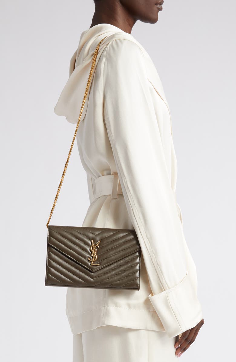 Saint Laurent Matelassé Leather Wallet on a Chain, Alternate, color, Light Musk