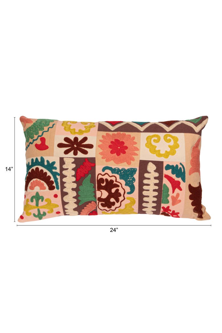 Cotton Embroidered Patchwork Lumbar Pillow with Chambray Back, Multicolor, Alternate, color, Orange