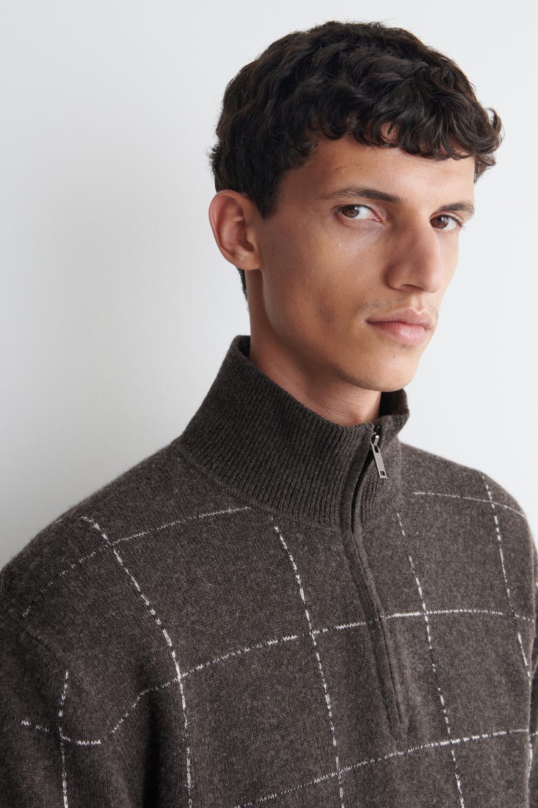 Checked Wool-Cotton Zip-Up Sweater, Alternate, color, BROWN / CHECKED