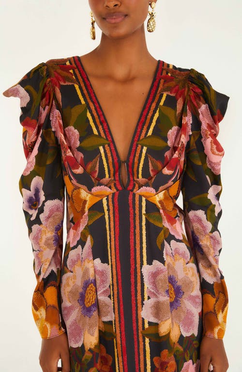 Farm Rio Viscose Long Dress With Chenille Flowers Print In Brown