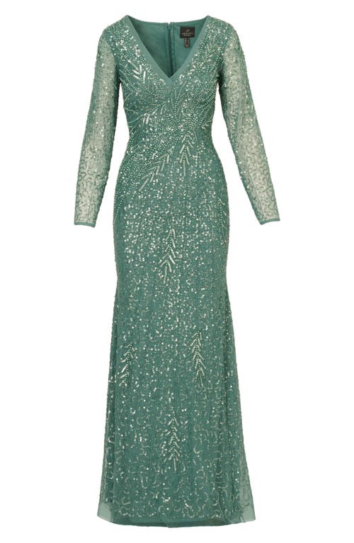 Adrianna Papell Beaded Long Sleeve Column Gown In Green Slate