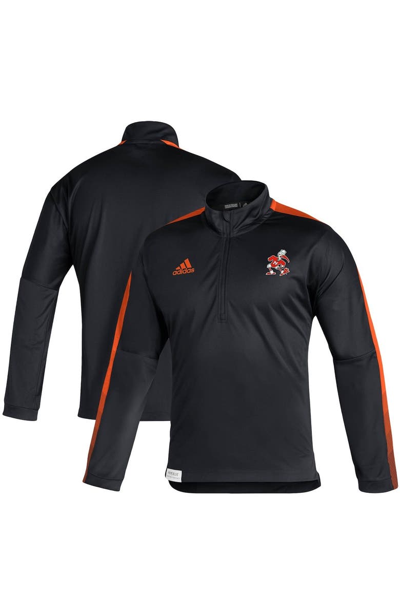 adidas Men's adidas Black Miami Hurricanes 2021 Sideline Primeblue Quarter-Zip Jacket, Main, color, 
