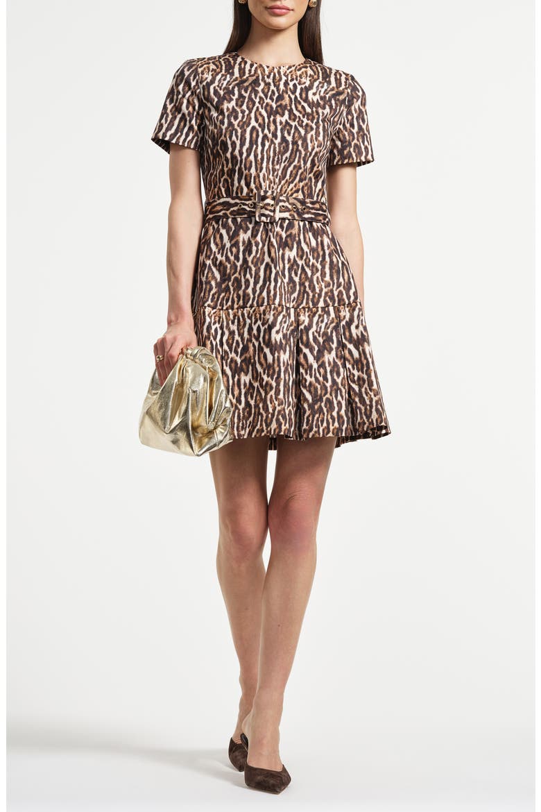 Tie Dye Pleated Belted Drop Waist Stretch Cotton Minidress, Main, color, LEOPARD