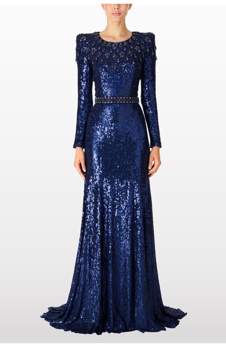 Jenny Packham Georgia Sequined Long-Sleeve Gown, Alternate, color, Light Navy