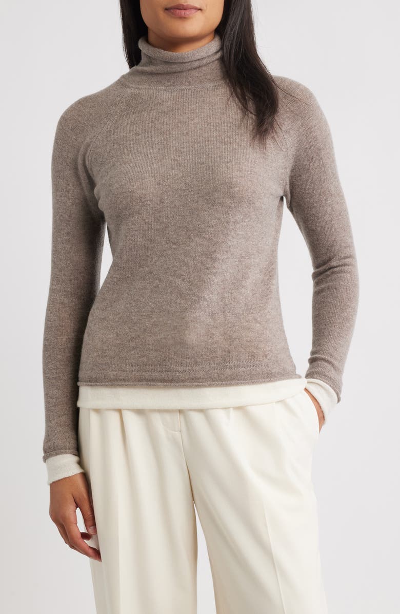 Griffen Layered Look Wool & Cashmere Turtleneck Sweater, Main, color, Mink/ Ivory