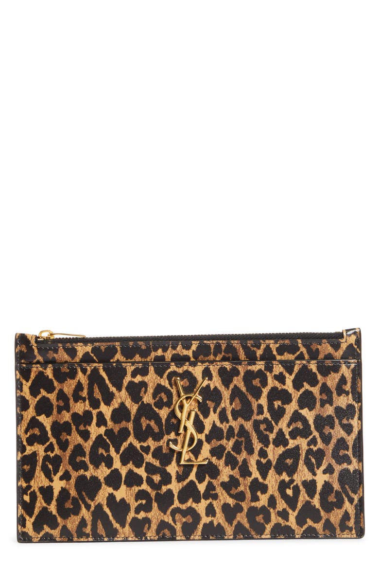 YSL Leopard Print Leather Pouch, Main, color, TOFFEE/M.NATURALE