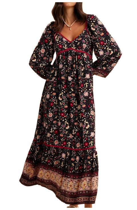 Boho Tiered Print Long Sleeve Midi Dress with Lace Trim