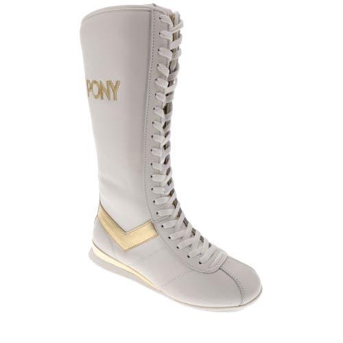 Pony Womens Ko-80 Extra High Genuine Leather Premium Lace Up Athletic Sneaker Shoe In Snow White/gold