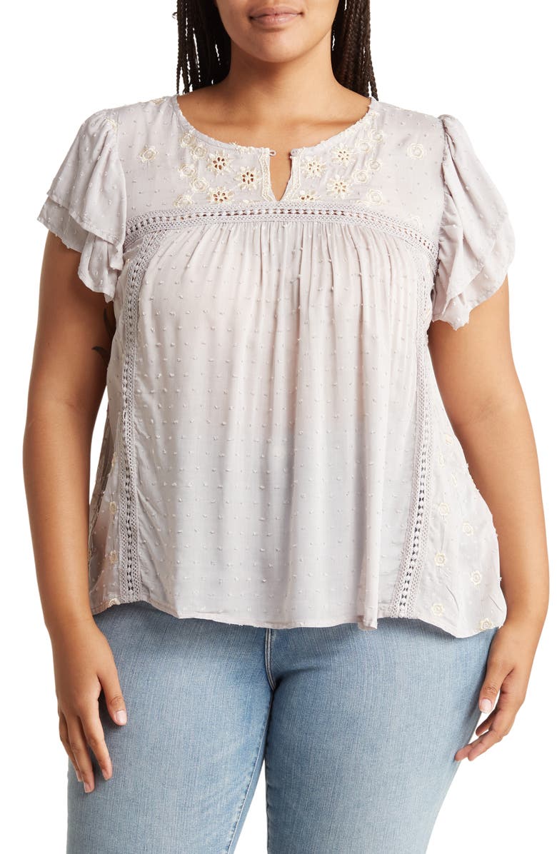 Forgotten Grace Flutter Sleeve Embroidered Swiss Dot Blouse, Main, color,