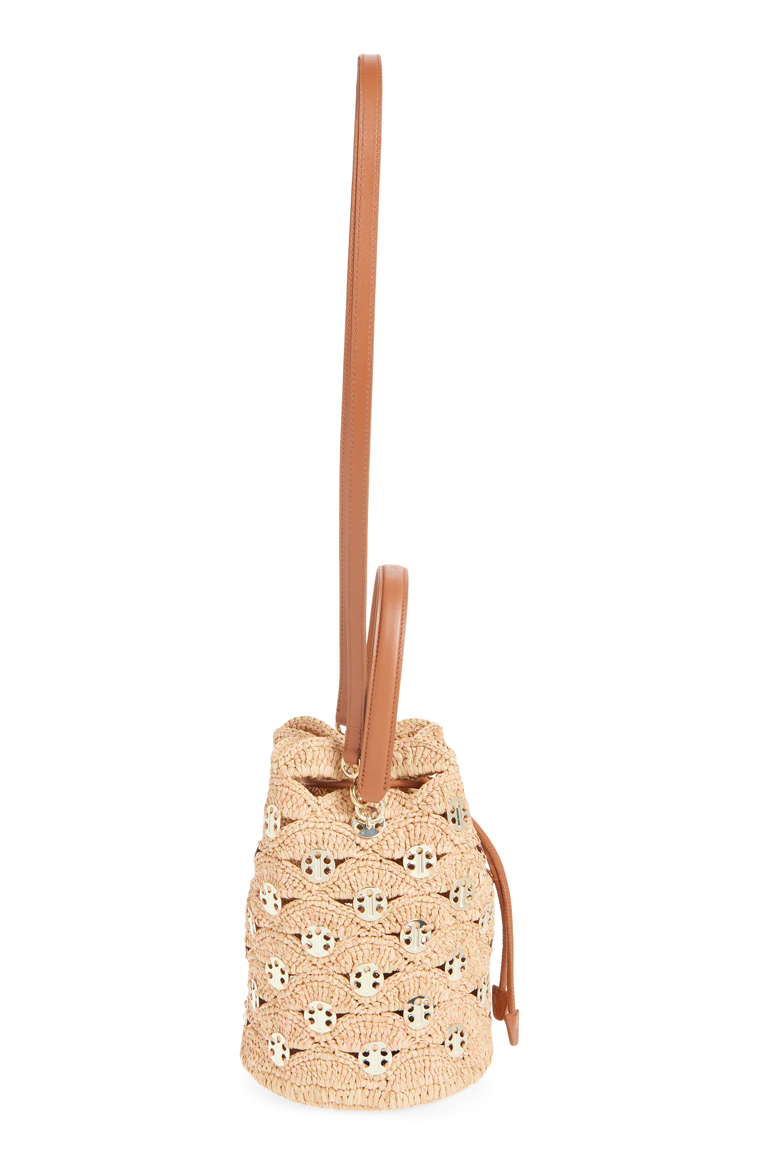 Rabanne 1969 Medium Raffia Bucket Bag, Alternate, color, Peach/ Gold