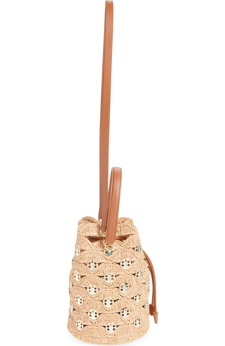 Rabanne 1969 Medium Raffia Bucket Bag, Alternate, color, Peach/ Gold
