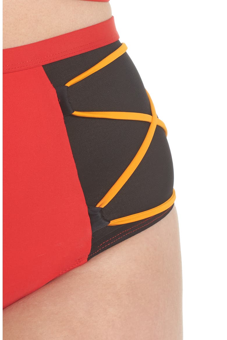 Mesh High Waist Bikini Bottoms, Alternate, color, RED/ BLACK/ ORANGE