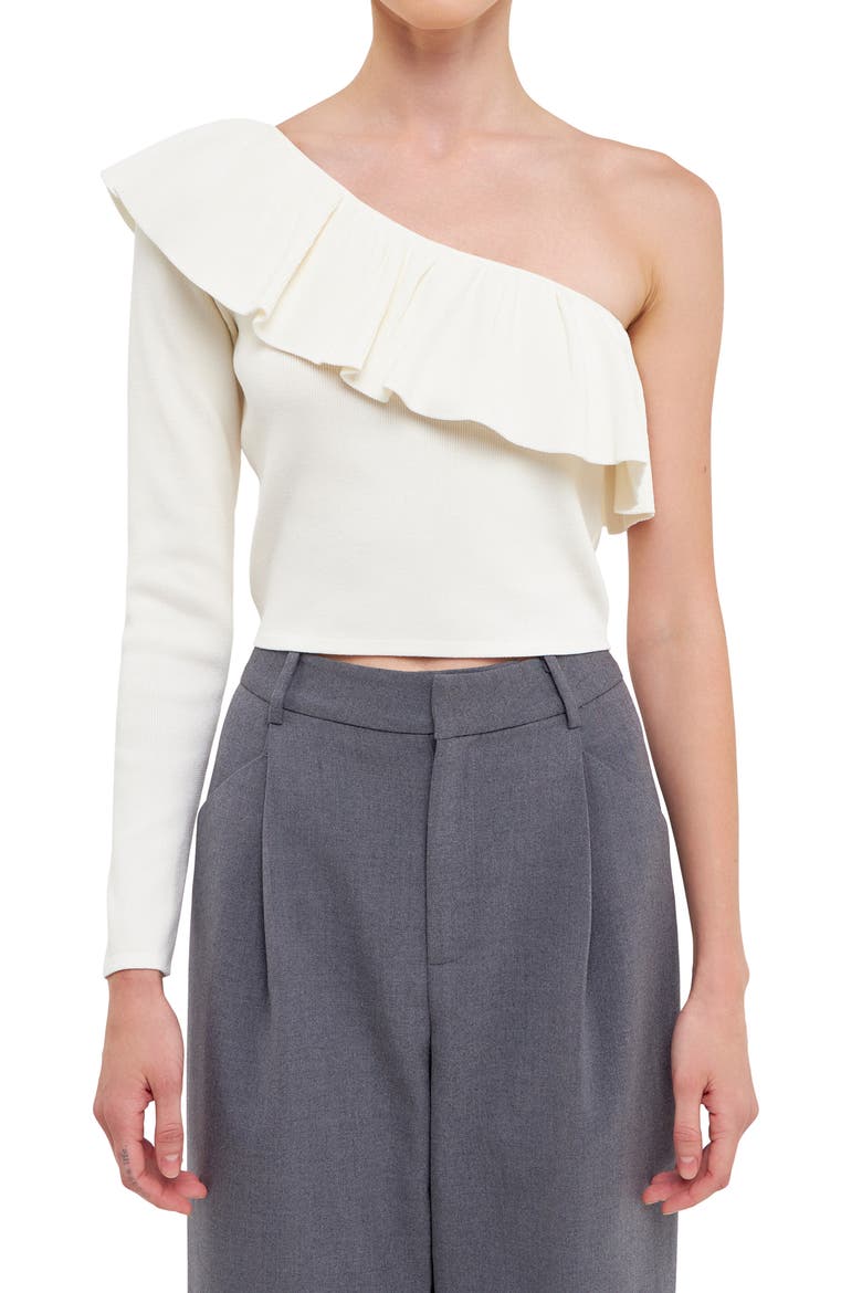 One-Shoulder Ruffle Rib Knit Top, Alternate, color, WHITE