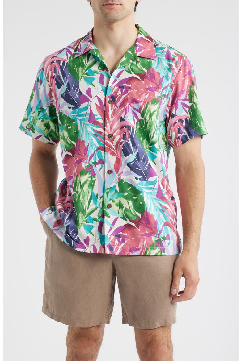 Fuego Fronds Print Silk Blend Camp Shirt, Main, color, VANILLA ICE