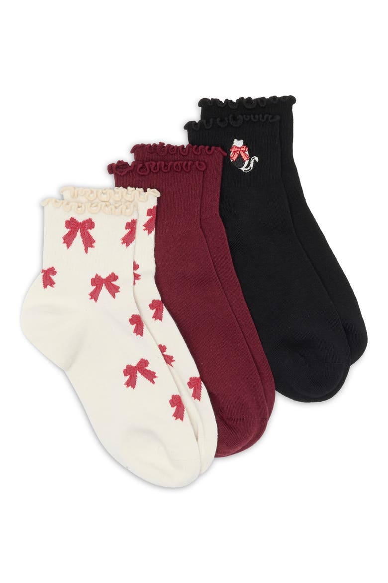 3-Pack Ruffle Critter Assorted Quarter Socks, Main, color, BURGUNDY BOW CAT MULTI