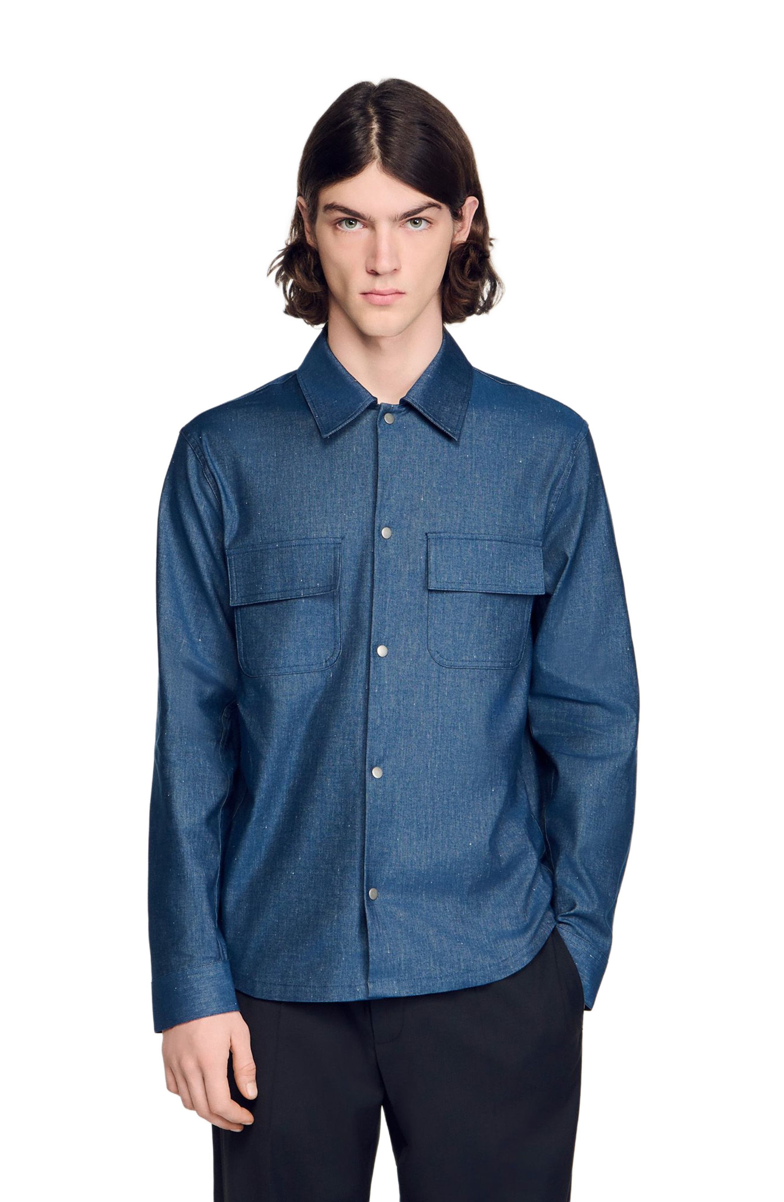 Denim-effect cotton and linen shirt