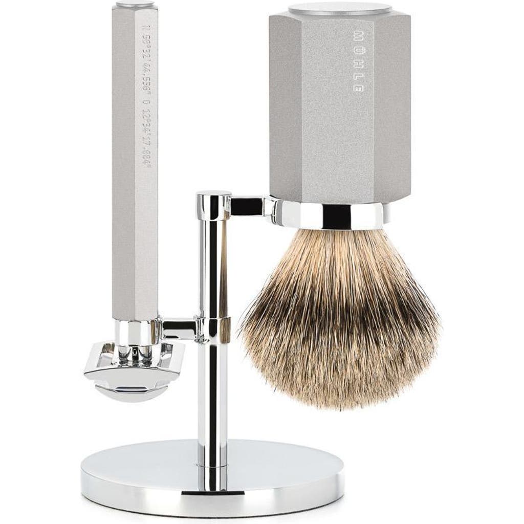 Mühle Hexagon Anodized Silver Silvertip Badger 3-piece Shaving Set In Silver