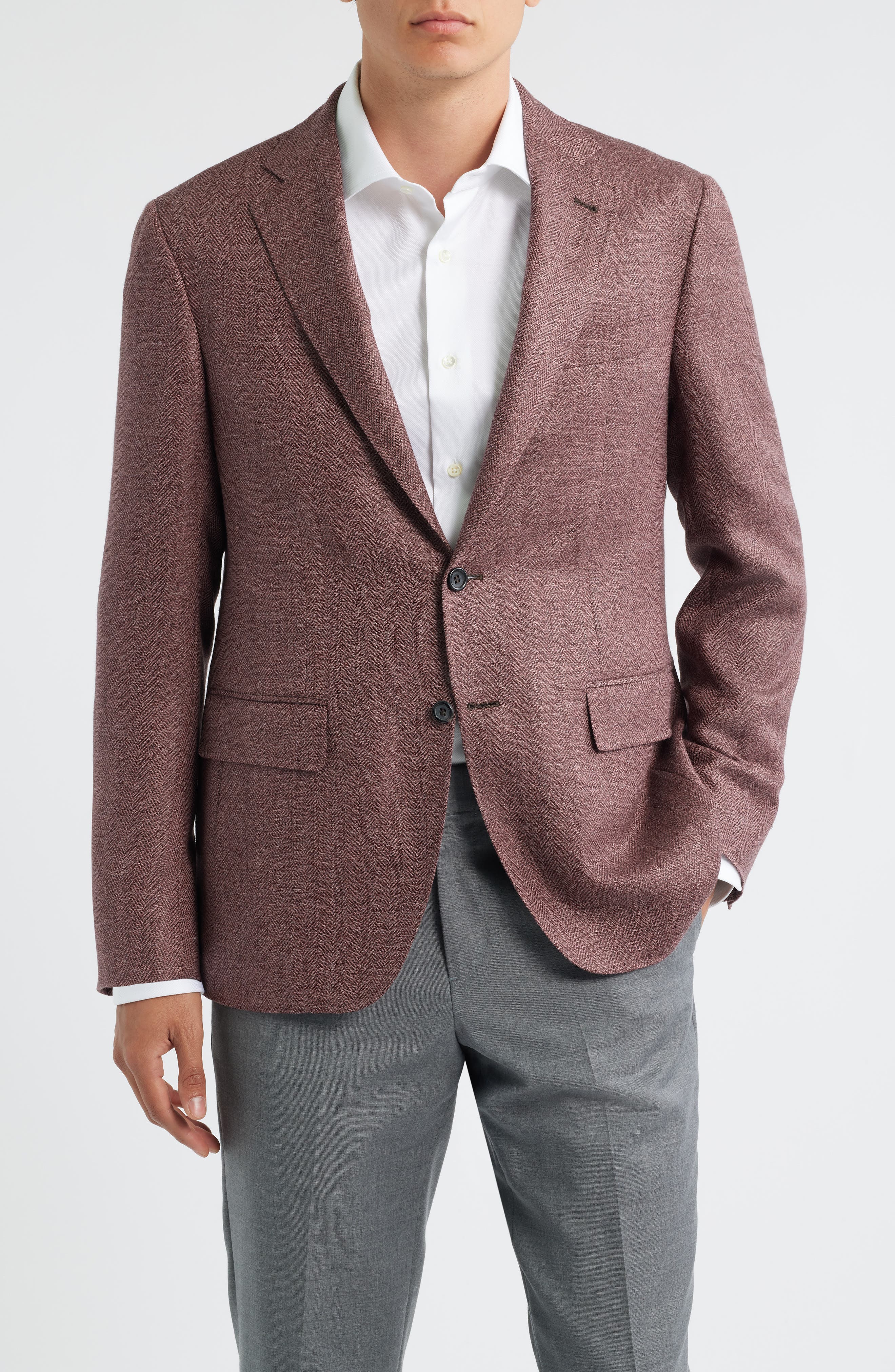 Canali Kei Trim Fit Light Red Wool & Silk Blend Herringbone Sport Coat