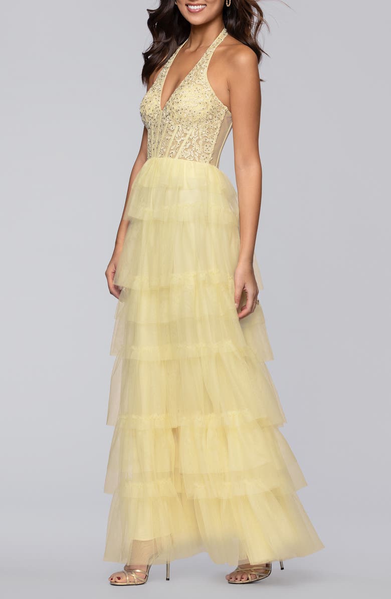 Blondie Nites Tiered Mesh Gown, Alternate, color, Yellow