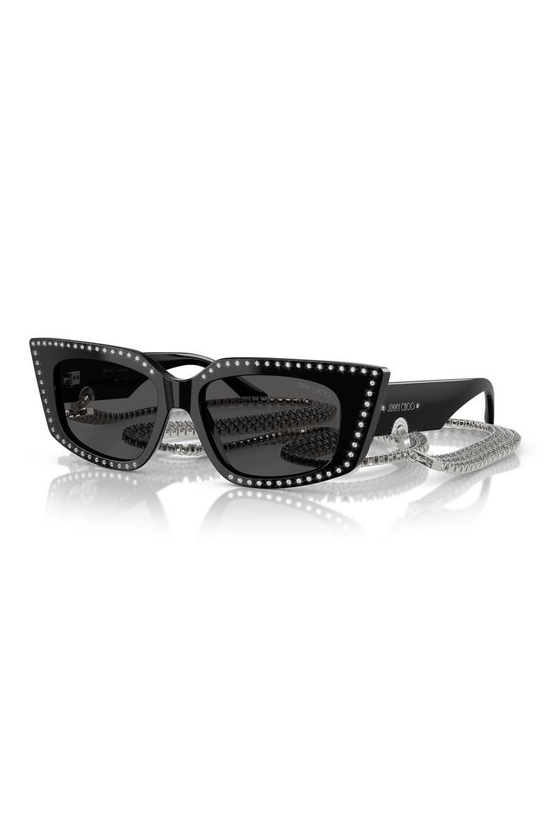 52mm Cat Eye Sunglasses with Embellished Chain, Alternate, color, BLACK