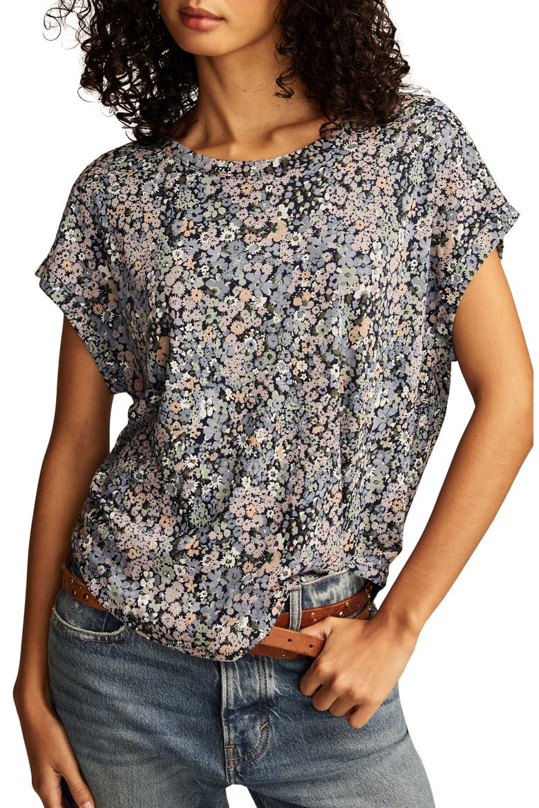 Abstract Floral Short Sleeve Knit Top, Main, color, NAVY FLORAL