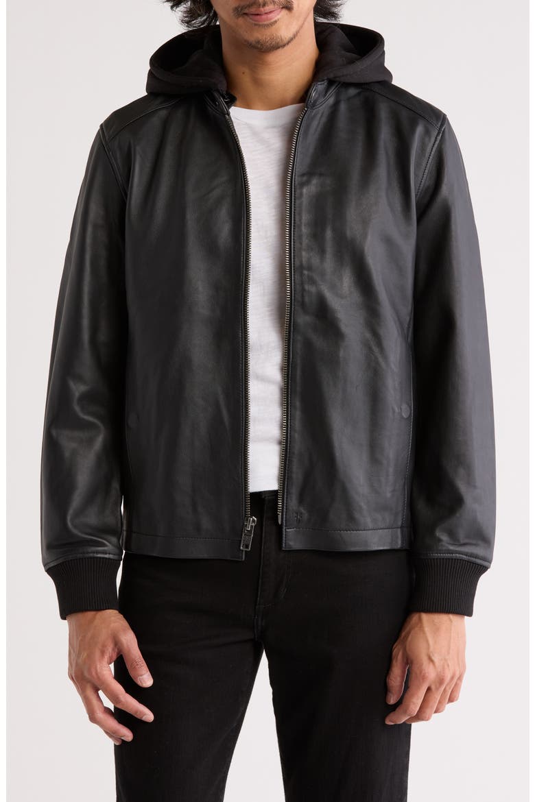 Cafe Racer Removable Hood Leather Jacket, Main, color, BLACK