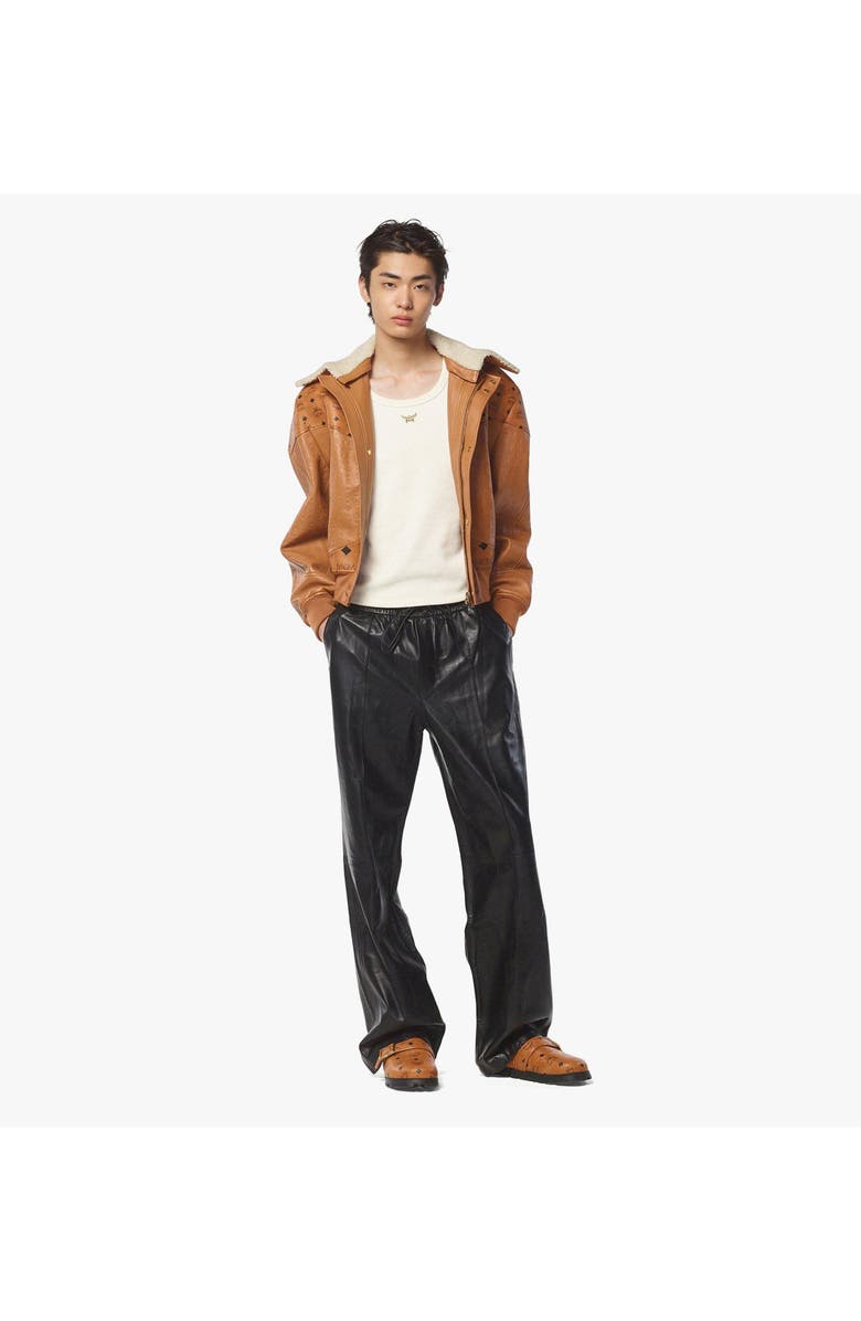 MCM Shearling Bomber Jacket in Visetos Leather Mix, Alternate, color, Cognac