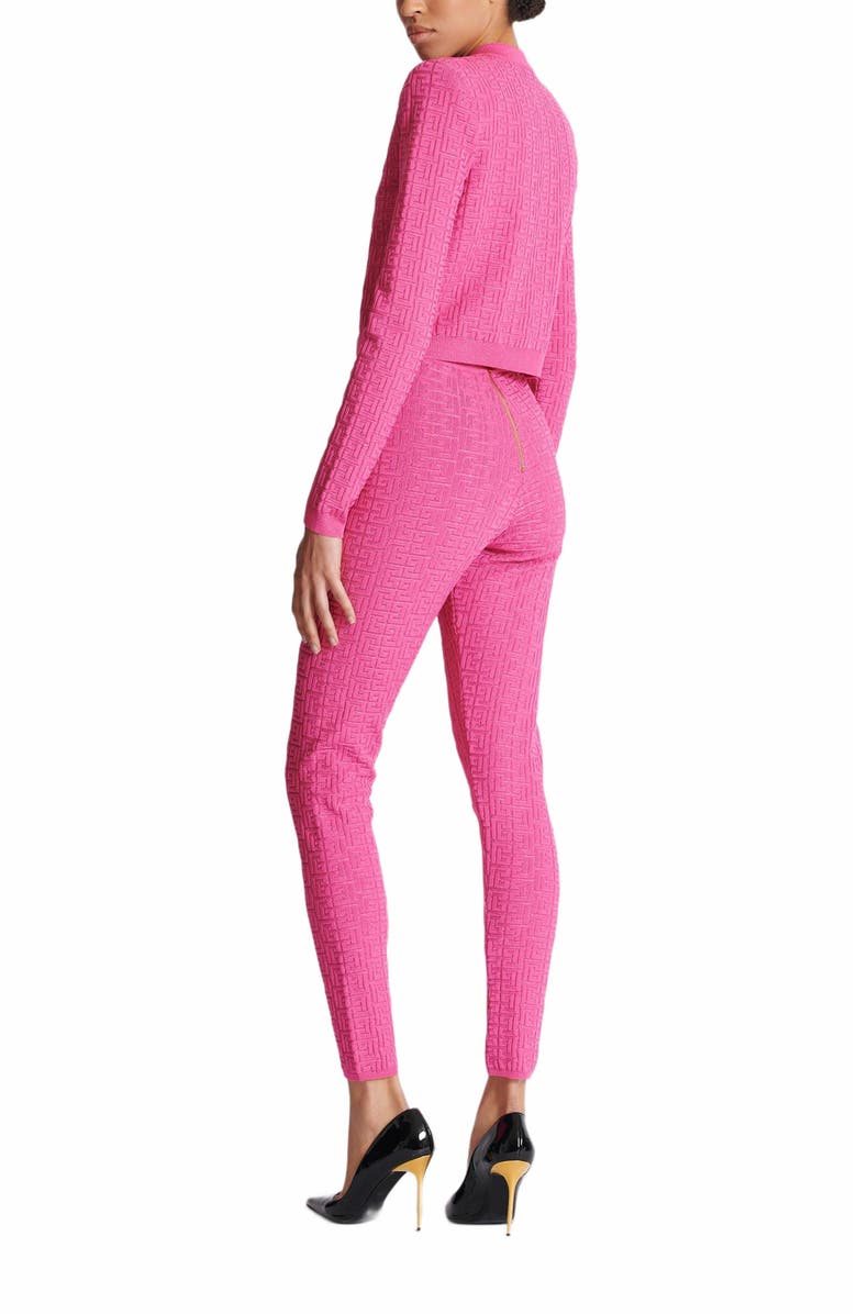 Balmain Cropped Monogrammed Knit Cardigan, Alternate, color, Pink
