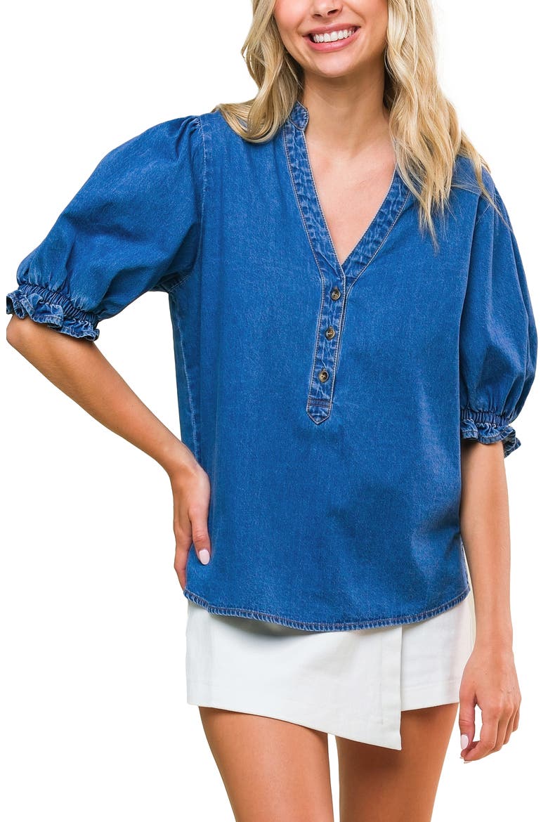 Puff Sleeve Denim Top, Main, color, MEDIUM INDIGO