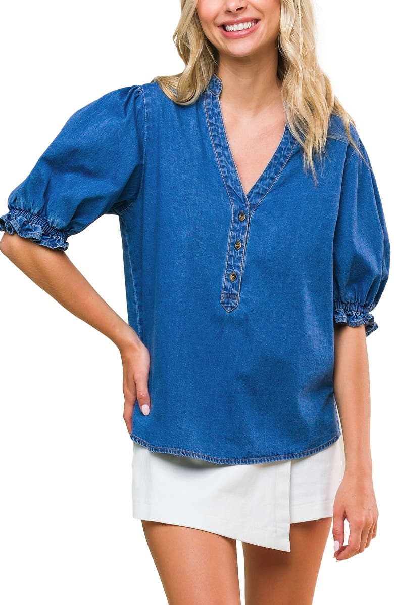 FLYING TOMATO Puff Sleeve Denim Top, Main, color, Medium Indigo