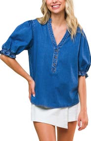 FLYING TOMATO Puff Sleeve Denim Top