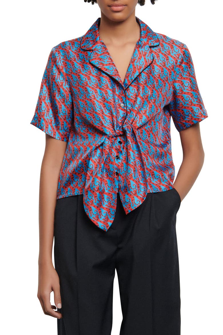 Caty Cat Print Short Sleeve Silk Shirt, Main, color, BLUE / RED