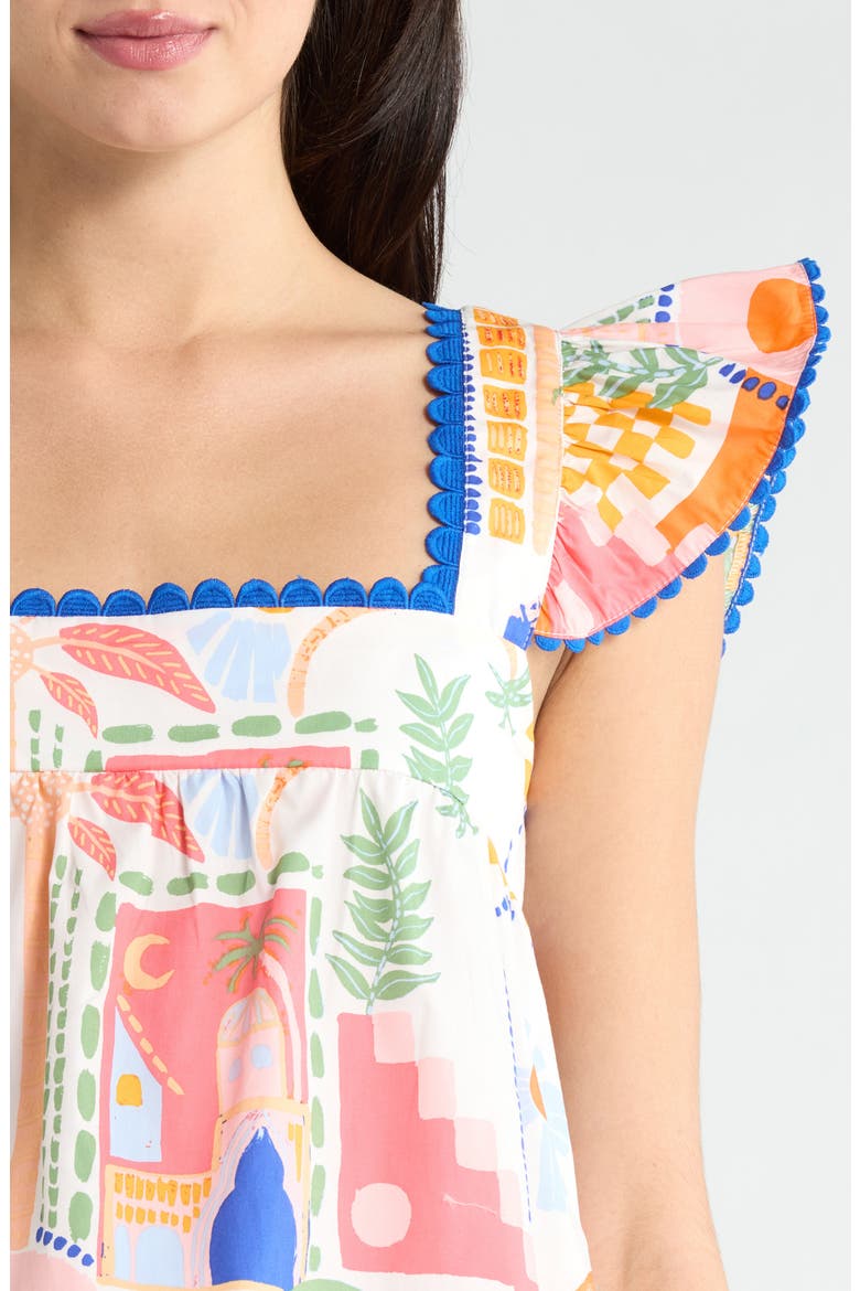 Petrolia Town Ada Embroidered Scalloped Trim Flutter Sleeve Cotton Top, Alternate, color, ORANGE PINK WIHTE
